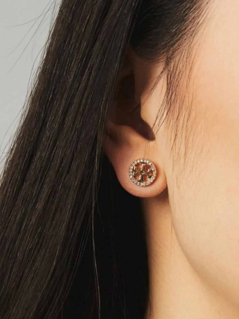Tory Burch Miller Crystal Logo Stud Earrings Gold Tone Pavé Double T Earrings